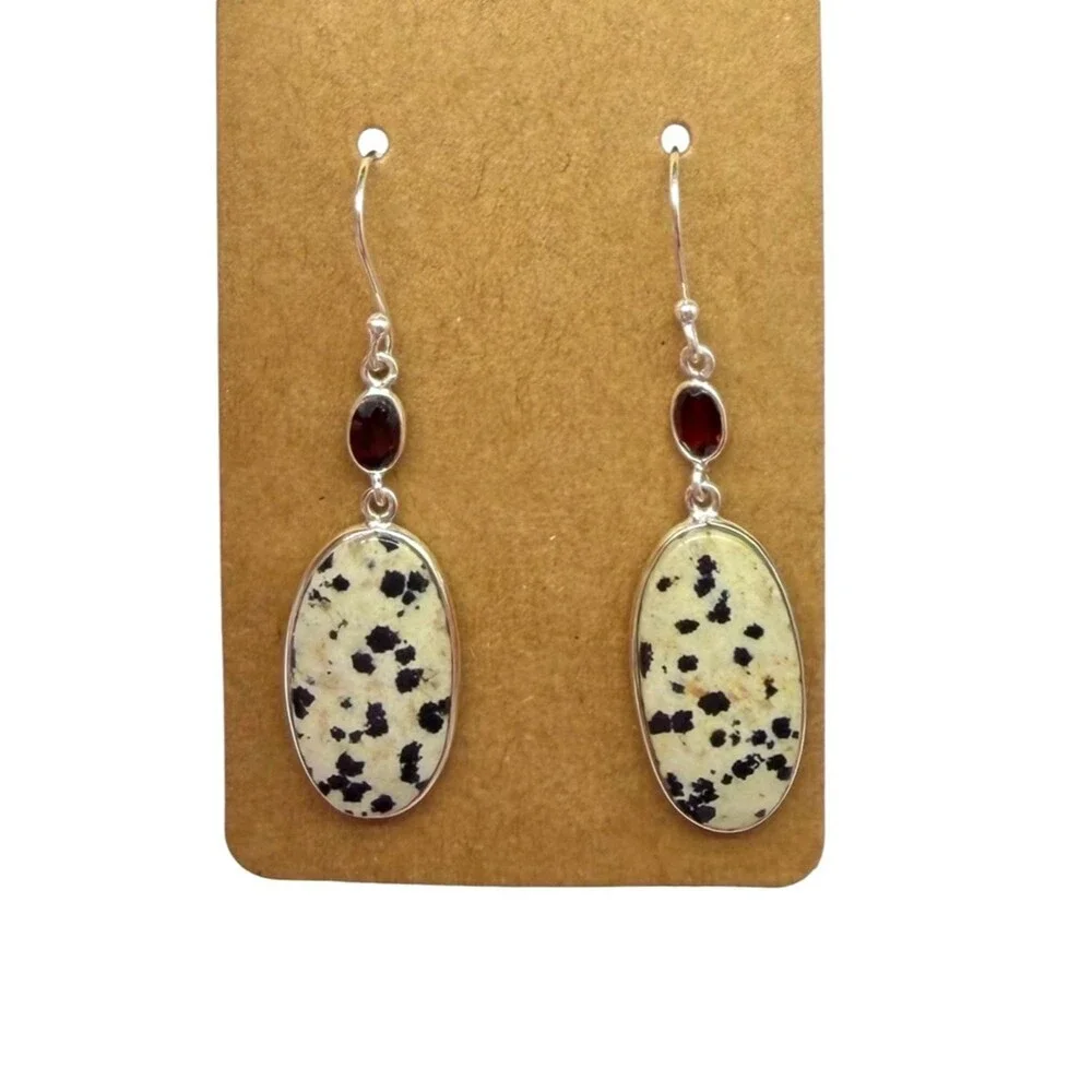 Dalmatian Jasper Garnet Earrings Solid 925 Sterling Silver